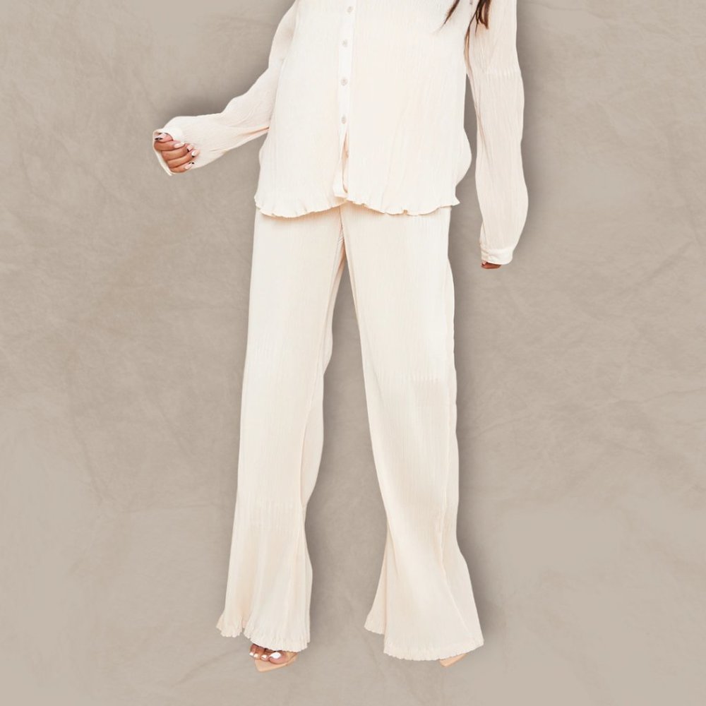Tall Cream Plisse High Waisted Wide Leg Pants